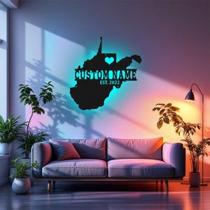 Arte de pared de metal con mapa de Virginia Occidental personalizado con luz LED, letrero con el nombre del estado de Virginia Occidental personalizado para decoración de habitación, nacido en Virginia Occidental