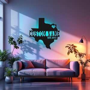 Arte de pared de metal con mapa de Texas personalizado y luz LED, letrero con el nombre del estado de Texas personalizado para habitación, decoración LED de metal con el nombre "Nacido en Texas"