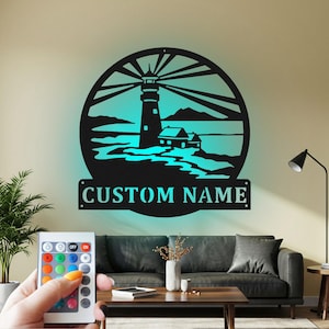 Custom Lighthouse Metal Wall Art with RGB LED Light - Nautical Home Decor