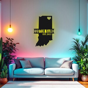Benutzerdefinierte Indiana Map Metallwandkunst mit LED-Licht, personalisierte Indiana State Name Zeichendekoration für Raum, geboren in Indiana Metal Led Decor