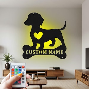 Arte de pared de metal con forma de corazón de perro salchicha personalizado con luz LED