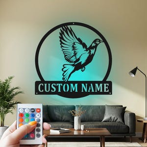 Custom Pigeon Metal Wall Art with LED Light - Personalized Name Sign