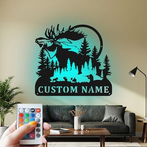 Custom Moose Hunting Metal Wall Art with LED Light