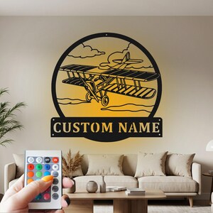 Custom Biplane Metal Wall Art with LED: Personalized Pilot Name Sign