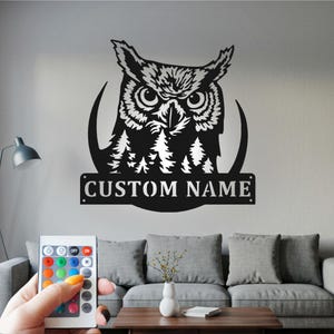 Custom Owl Metal Wall Art with LED: Personalized Name Sign