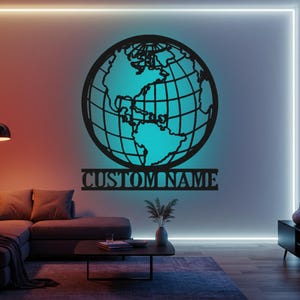 Globe terrestre personnalisé, lumière LED, art mural en métal, nom d'amant de la terre, décoration d'intérieur, cadeau pour tout le monde, cadeaux de pendaison de crémaillère, oeuvre d'art