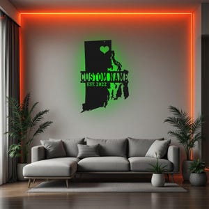 Arte de pared de metal personalizado con mapa de Rhode Island y luz LED. Letrero con nombre de Rhode Island personalizado para decoración de habitación. Decoración "Nacido en Rhode Island".