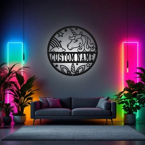 Aangepaste eenhoorn metalen muurkunst met ledlicht, gepersonaliseerde eenhoorn naambord decoratie voor kamer, eenhoorn metalen led decor, aangepaste eenhoorn