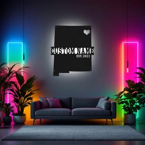 Arte de pared de metal con mapa de Nuevo México personalizado y luz LED, letrero con el nombre del estado de Nuevo México, decoración para habitación, decoración "Nacido en Nuevo México"