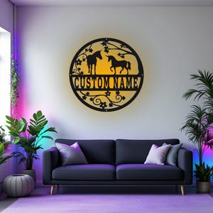 Aangepaste eenhoorn metalen muurkunst met led-licht, gepersonaliseerde eenhoorn naambord decoratie voor kamer, eenhoorn metalen decor, aangepaste eenhoorn