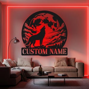 Custom Wolf and Moon Metal Wall Art with LED Light