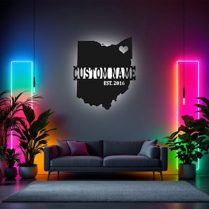 Kundenspezifische Ohio-Karte Metallwandkunst mit geführtem Licht, personalisierte Ohio-State-Namensschild-Dekoration für Raum, getragen in Ohio-Metallled-Dekor, Ohio-Karte