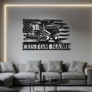 Décoration murale en métal personnalisée avec drapeau américain, moissonneuse-batteuse : décoration de ferme LED