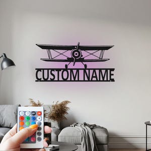 Custom Biplane Metal Wall Art with LED: Personalized Pilot Sign