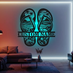 Coastal Flip Flops Custom Sign Led Light Metal Wall Decor Palm Tree Nautical Summer Name Custom Sign Ocean Beach Decor Artwork
