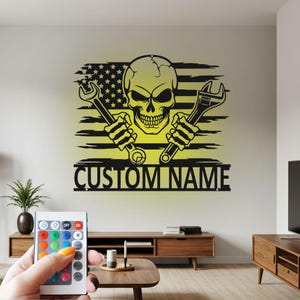 Custom Mechanic Skull Metal Wall Art with LED - Personalized Garage Decor