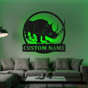 Big Horn Rhino Custom Sign Metal Wall Art Led Light, Rhino Name Custom Sign Decoration For Room, Rhino Metal Home Decor, Rhino Animals