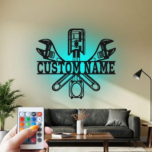 Custom Engine Piston Metal Wall Art with LED: Mechanic Name Sign
