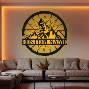 Custom Mountain Bike Wheel LED Metal Wall Art: Personalized Biker Gift