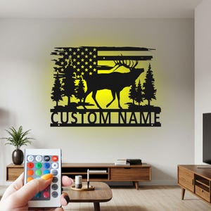 Custom Elk Metal Wall Art: LED Name Sign, US Flag Decor
