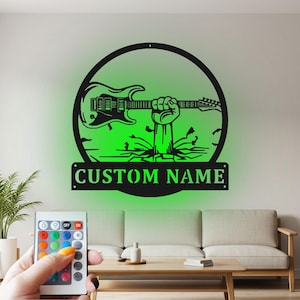 Hand Holding Electric Guitar Sign Metal Wall Art Led Light,Sign Electric Guitar Name Sign Decoration For Room,Electric Guitar