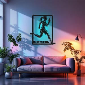Female Running Signage Sign Metal Wall Art Led Light, Sign Running Player Name Sign Decoration, Running Metal Led Decor
