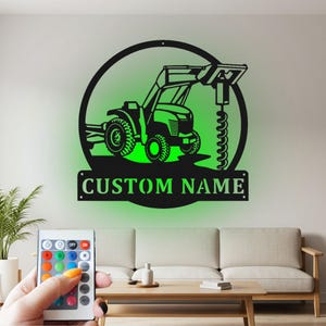 Custom Tractor Hole Digger Metal Wall Art with LED Light