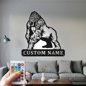 Custom Gorilla Metal Wall Art With Led Light, Personalized Gorilla Name Sign Decoration For Room, Gorilla Metal Led Decor, Custom Gorilla