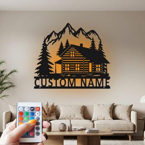 Custom Wood Cabin Metal Sign: Personalized LED Wall Decor