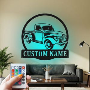 Arte de pared de metal personalizado de camión antiguo con luz LED