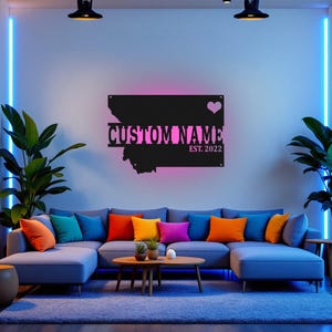 Arte de pared de metal con mapa de Montana personalizado y luz LED, letrero con el nombre del estado de Montana personalizado para decorar la habitación, decoración LED de metal con el nombre "Nacido en Montana"