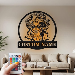 Custom Sugar Skull Metal Wall Art with RGB LED Lights