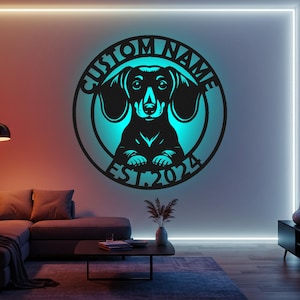 Arte de pared de metal LED personalizado con diseño de perro salchicha: decoración personalizada para el hogar con un perro salchicha