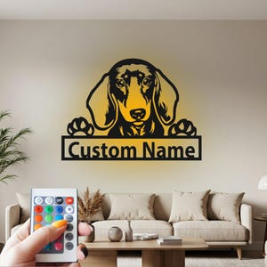 Peeking Dachshund Dog Sign Metal Wall Art Led Light, Peeking Dachshund Name Sign Decoration For Room, Peeking Dachshund Home Decor