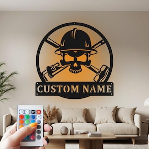 Custom Oil Field Roughneck Skull Metal Wall Art with LED
