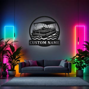 Pontoon Boat Sign Metal Wall Art Led Light, Sign Pontoon Boat Name Sign Decoration For Room, Pontoon Boat Metal Home Decor