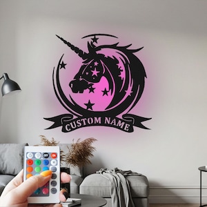 Aangepaste eenhoorn metalen muurkunst met ledlicht, gepersonaliseerde eenhoorn naambord decoratie voor kamer, eenhoorn metalen led decor, aangepaste eenhoorn