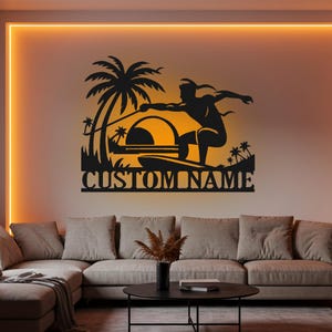 Custom Surfing LED Metal Wall Art: Personalized Surfer Name Sign