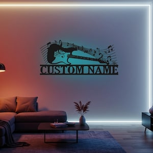 Custom Electric Guitar LED Metal Wall Art: Personalized Musician Gift
