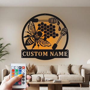 Custom Bee Honeycomb Metal Wall Art with RGB LED Light