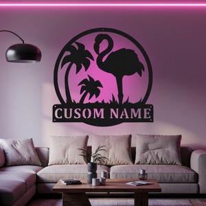 Personalized Flamingo Metal Wall Art with RGB LED Light