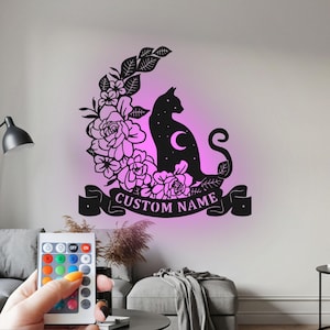 Floral Moon Cat Metal Wall Art: Custom LED Sign