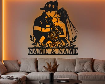 Custom Firefighter Wedding Metal Wall Art: Personalized LED Name Sign