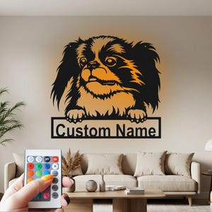 Letrero de metal personalizado con diseño de perro Chin japonés, luz LED para pared, letrero personalizado con nombre de Chin japonés para decoración de habitación, decoración del hogar de Chin japonés, perro