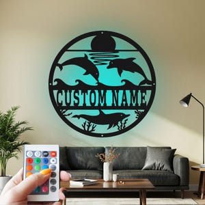 Gepersonaliseerde metalen bord dolfijn: ledmuurkunst, aangepaste naamplaat