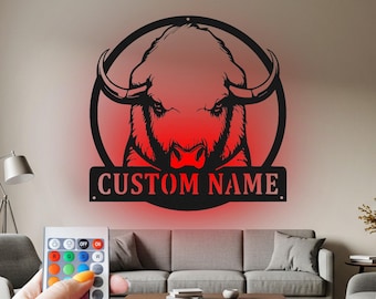 Custom Bison Head Metal Wall Art with RGB LED Light