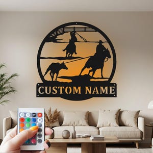 Custom Team Roper Metal Wall Art: Cowboy Horse LED Sign