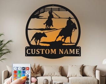 Custom Team Roper Metal Wall Art: Cowboy Horse LED Sign