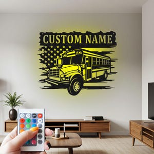 Custom School Bus Metal Wall Art: LED Light Decor, Personalized Name Sign