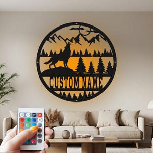 Custom Wolf Metal Wall Art: LED Personalized Name Sign